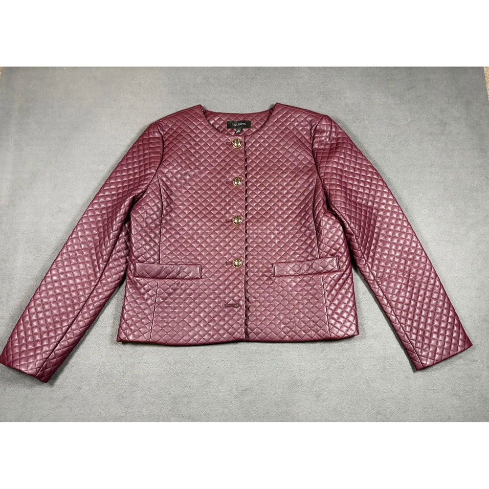 Talbots Quilted Faux Leather Jacket Womens 10 Burgundy Gold Button Collarless
